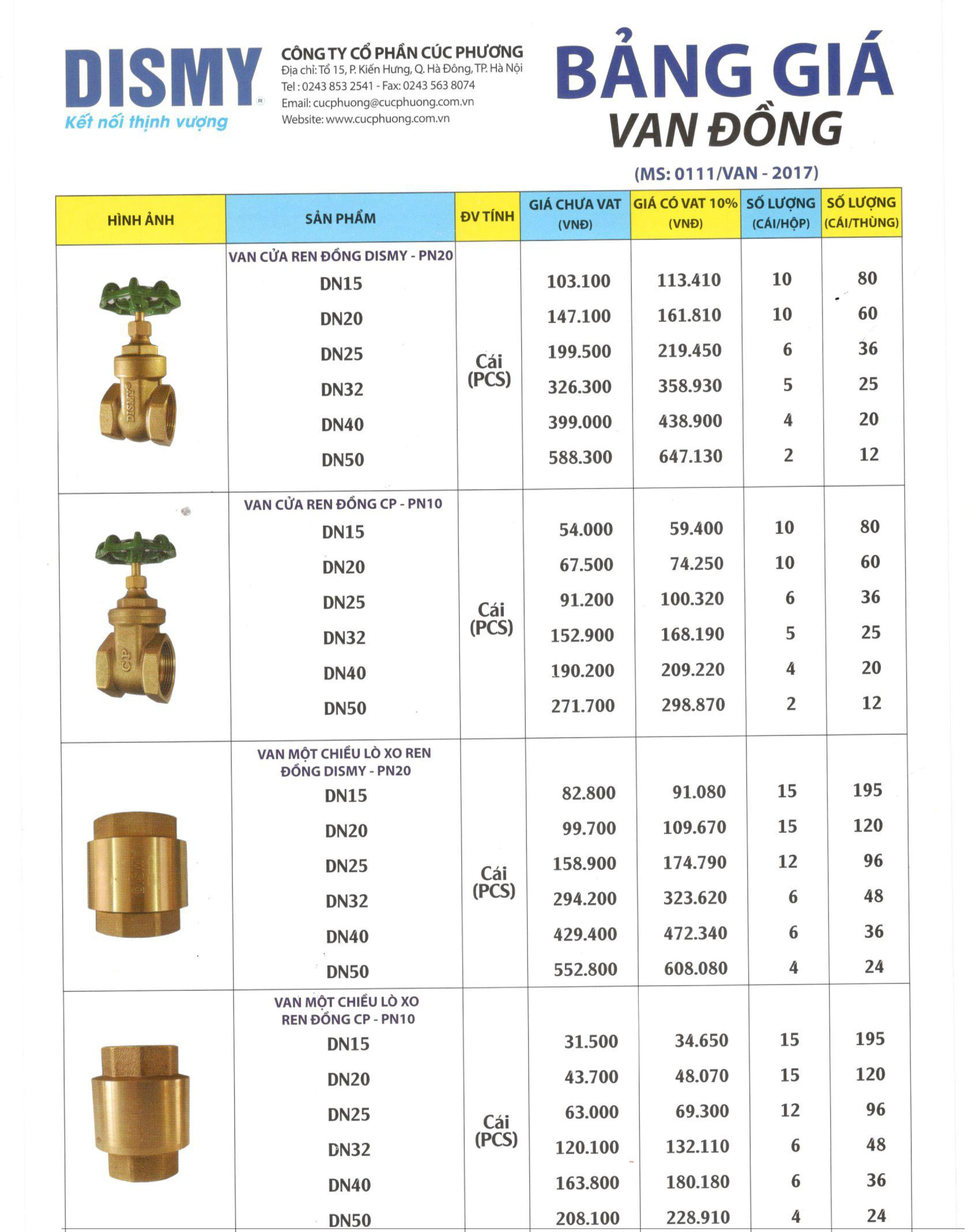 Bảng giá van cửa đồng ren Dismy Bảng giá van cửa đồng ren Dismy