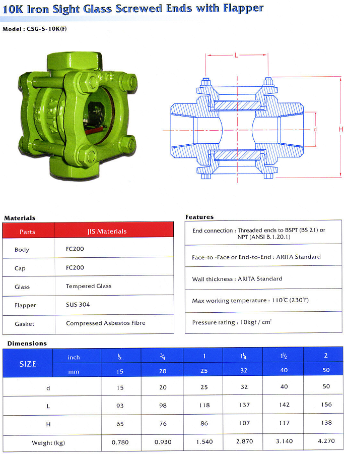 Thông sỗ kỹ thuật kính thủy gang thép Arita lắp ren jis 10k model csg-s-10k(f)
