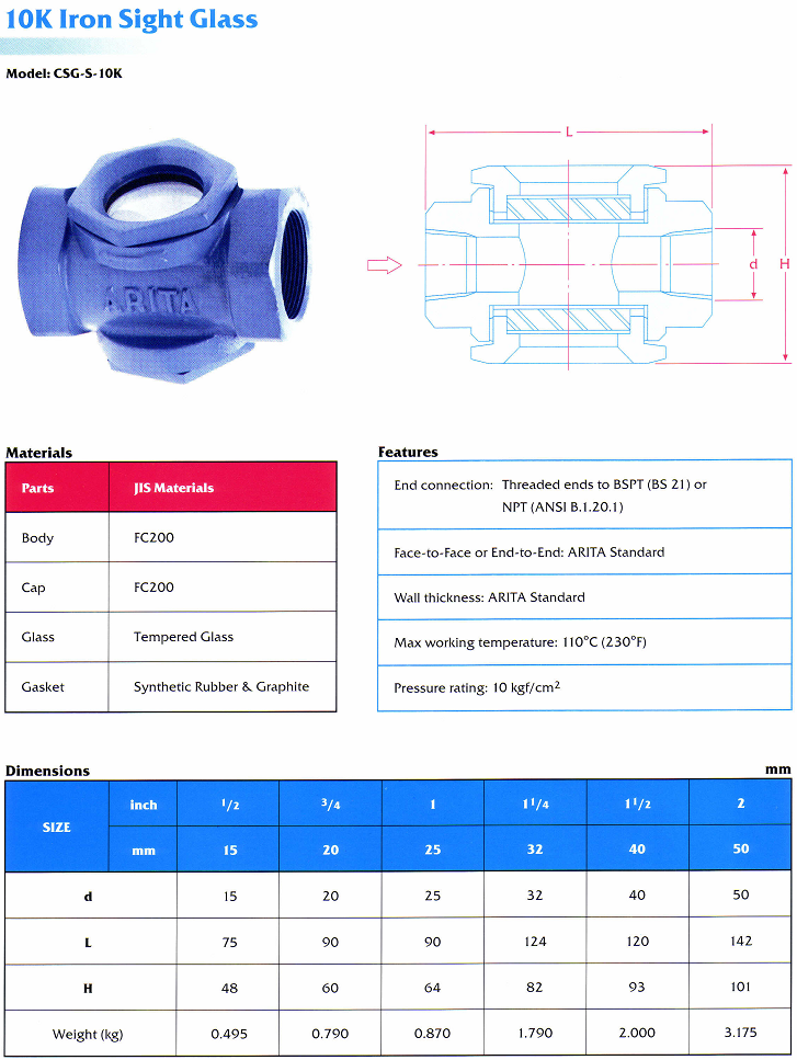 Thông số kỹ thuật kính thủy gang thép Arita lắp ren jis10k model csg-s-10k