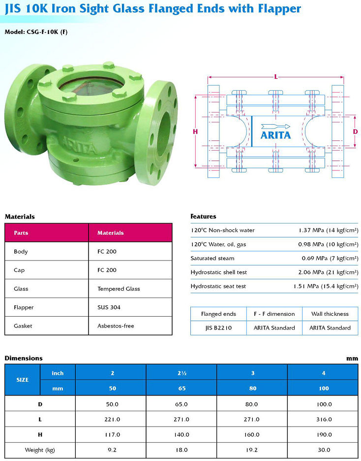 Thông số kỹ thuật kính thủy gang thép Arita mặt bích jis10k model csg-f-10k(f)