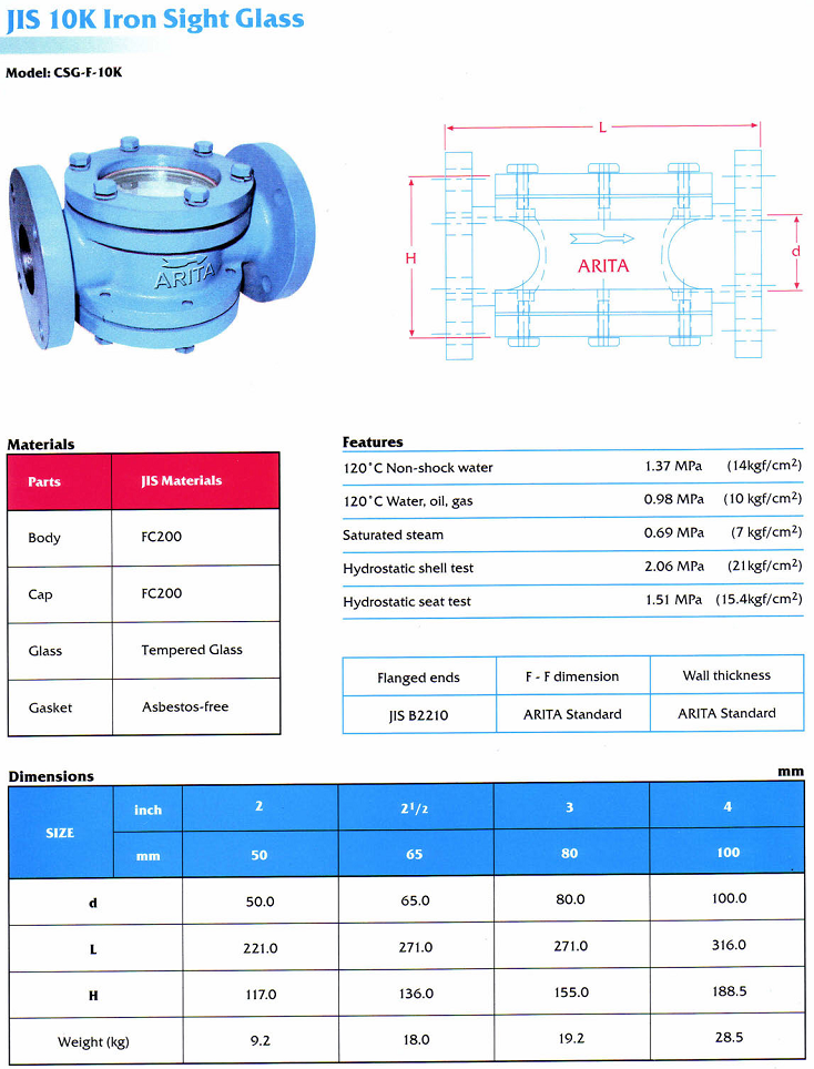 Thông số kỹ thuật kính thủy gang thép Arita mặt bích jis10k model csg-f-10k