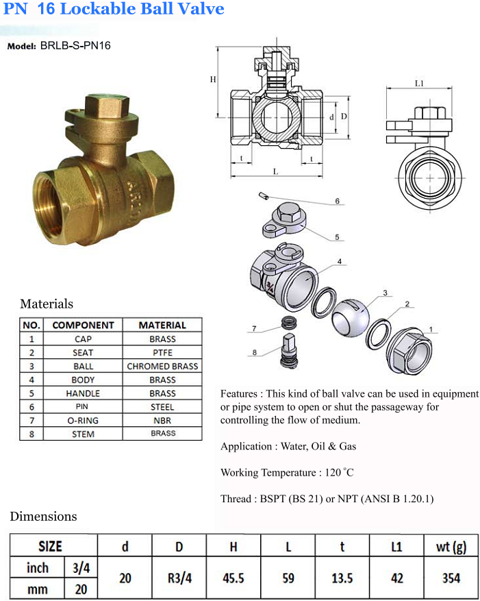 Thông số kỹ thuật van bi đồng arita có khóa model brbl-s-pn16