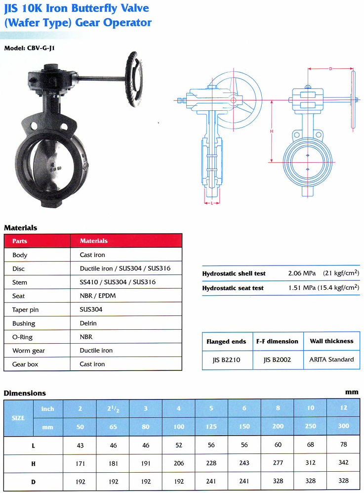 Thông số kỹ thuật van bướm gang thép Arita jis 10k model cbv-g-j1