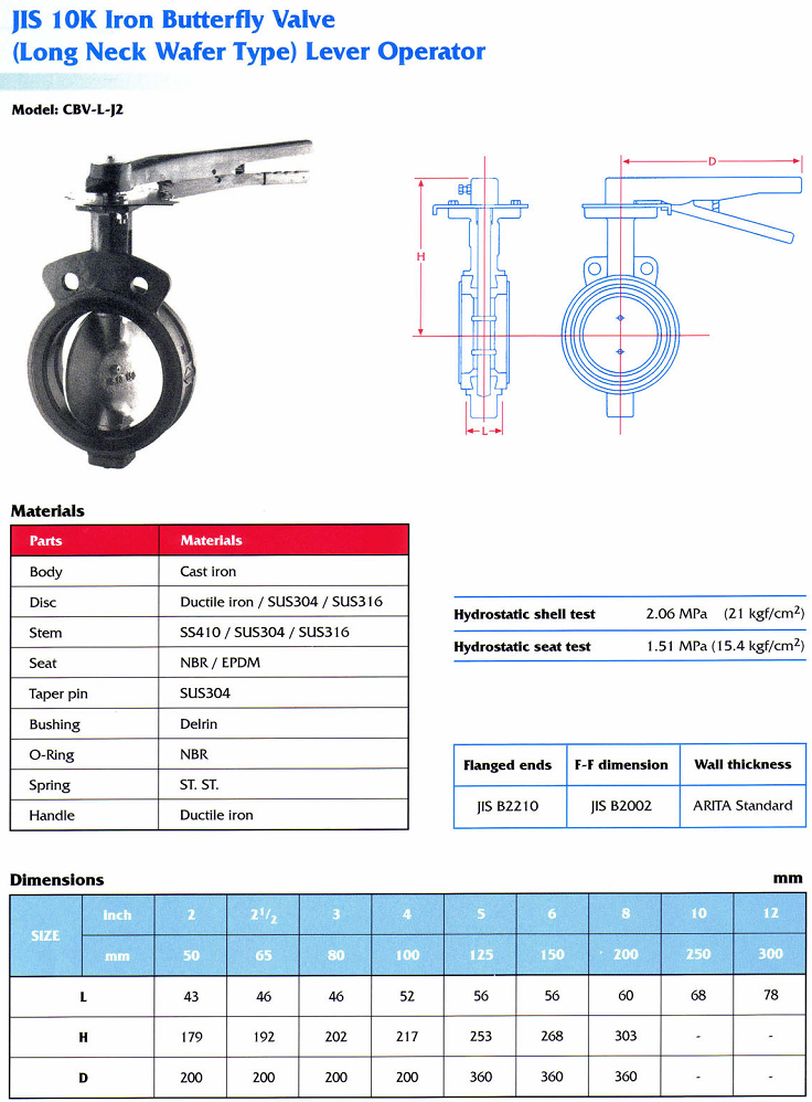 Thông số kỹ thuật van bướm gang thép Arita jis 10k model cbv-l-j2