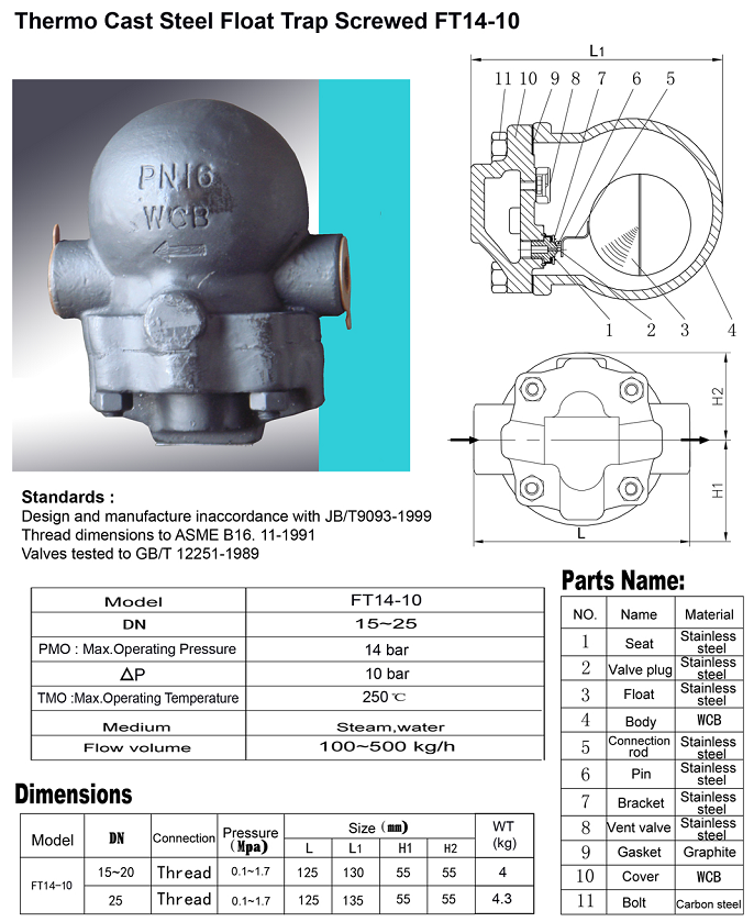 Thông số kỹ thuật van phao bẫy hơi Arita thép đúc chịu nhiệt FT14-10