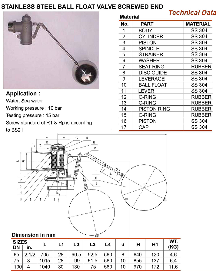 Thông số kỹ thuật van phao bi inox Arita 2,5-4inch