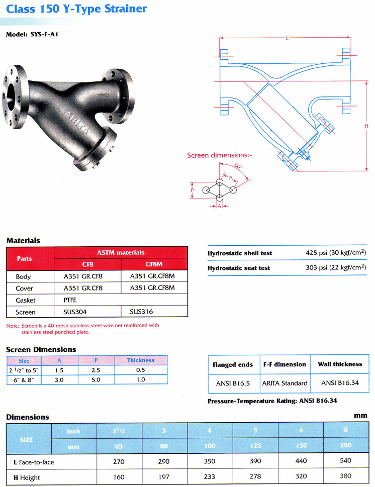 Thông số kỹ thuật van y lọc inox Arita class 150 model SYS-F-A1