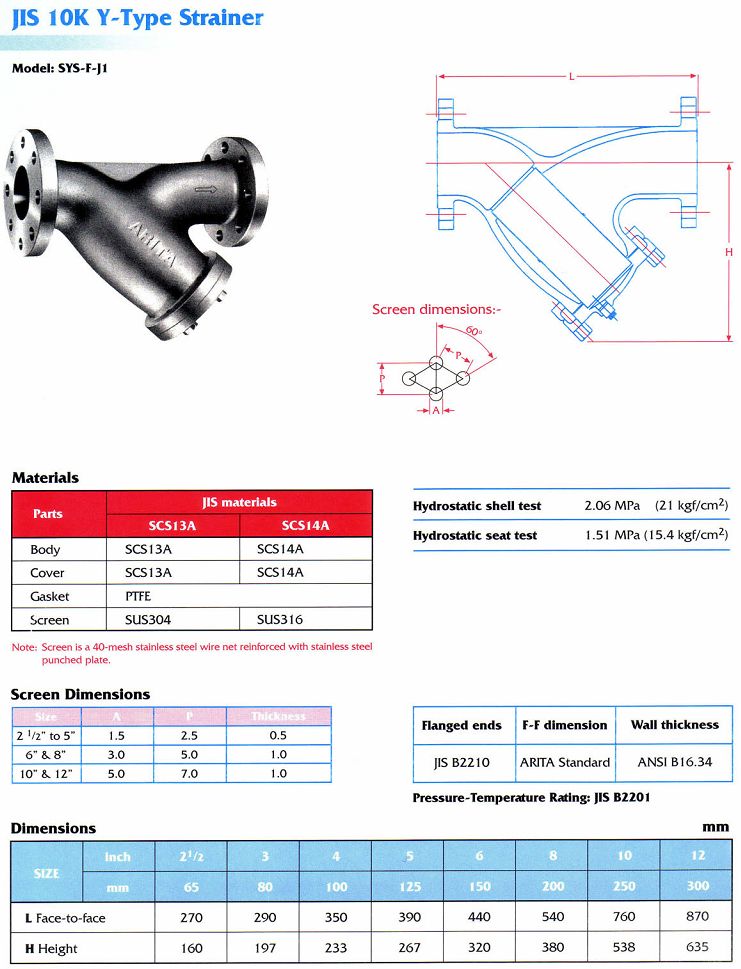 Thông số kỹ thuật van y lọc inox Arita jis10k model SYS-F-J1