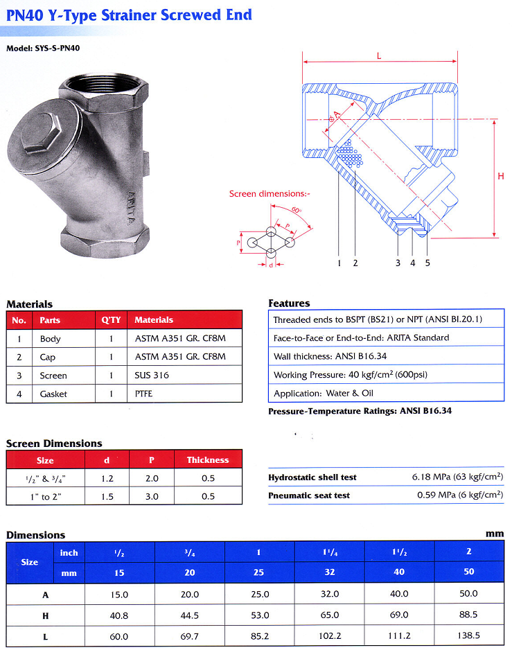 Thông số kỹ thuật van y lọc inox Arita model SYS-S-PN40